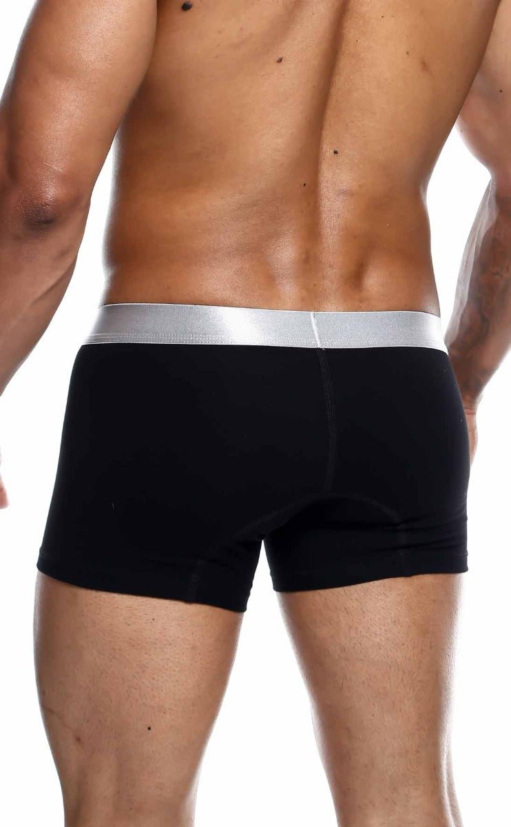 Black briefs with shiny silver waistband made from pima cotton by malebasics trunk style front view
