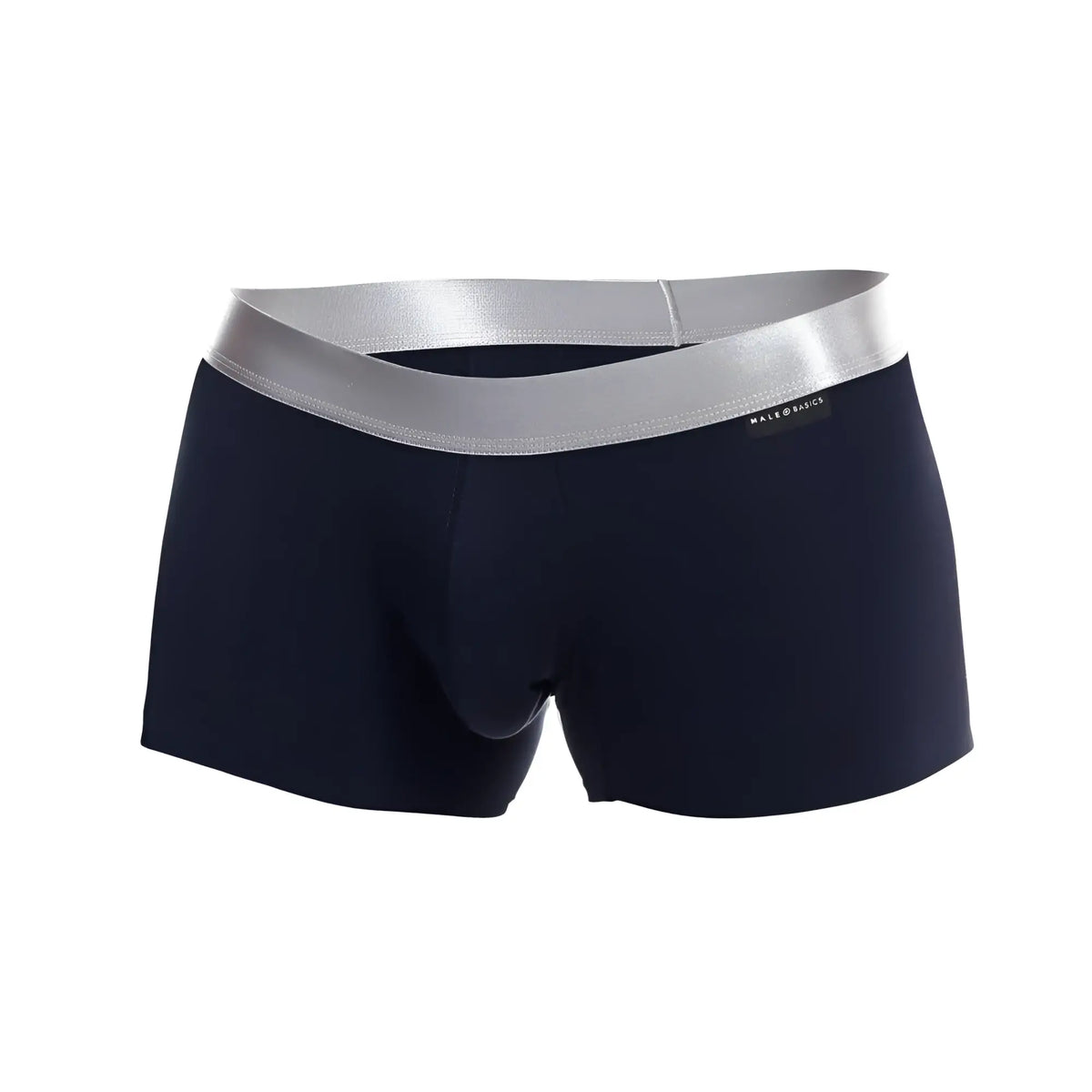 Navy blue male basics trunk pima mens briefs with silver elastic waistband featuring the male and basics label