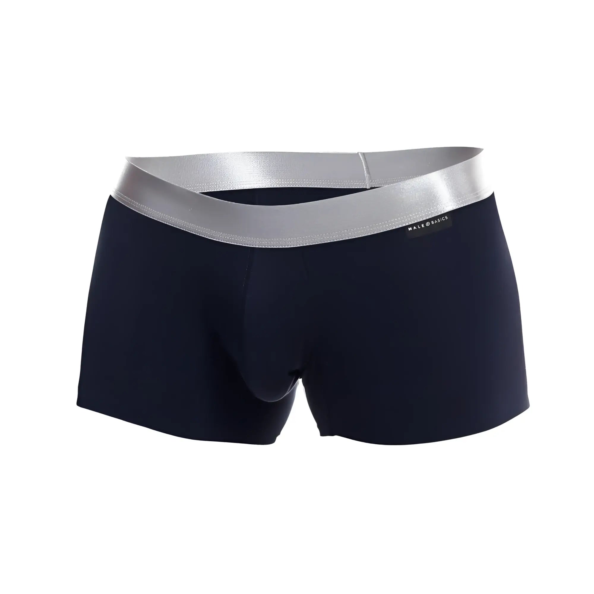 Navy blue male basics trunk pima briefs with silver elastic waistband and branded label in soft pima cotton