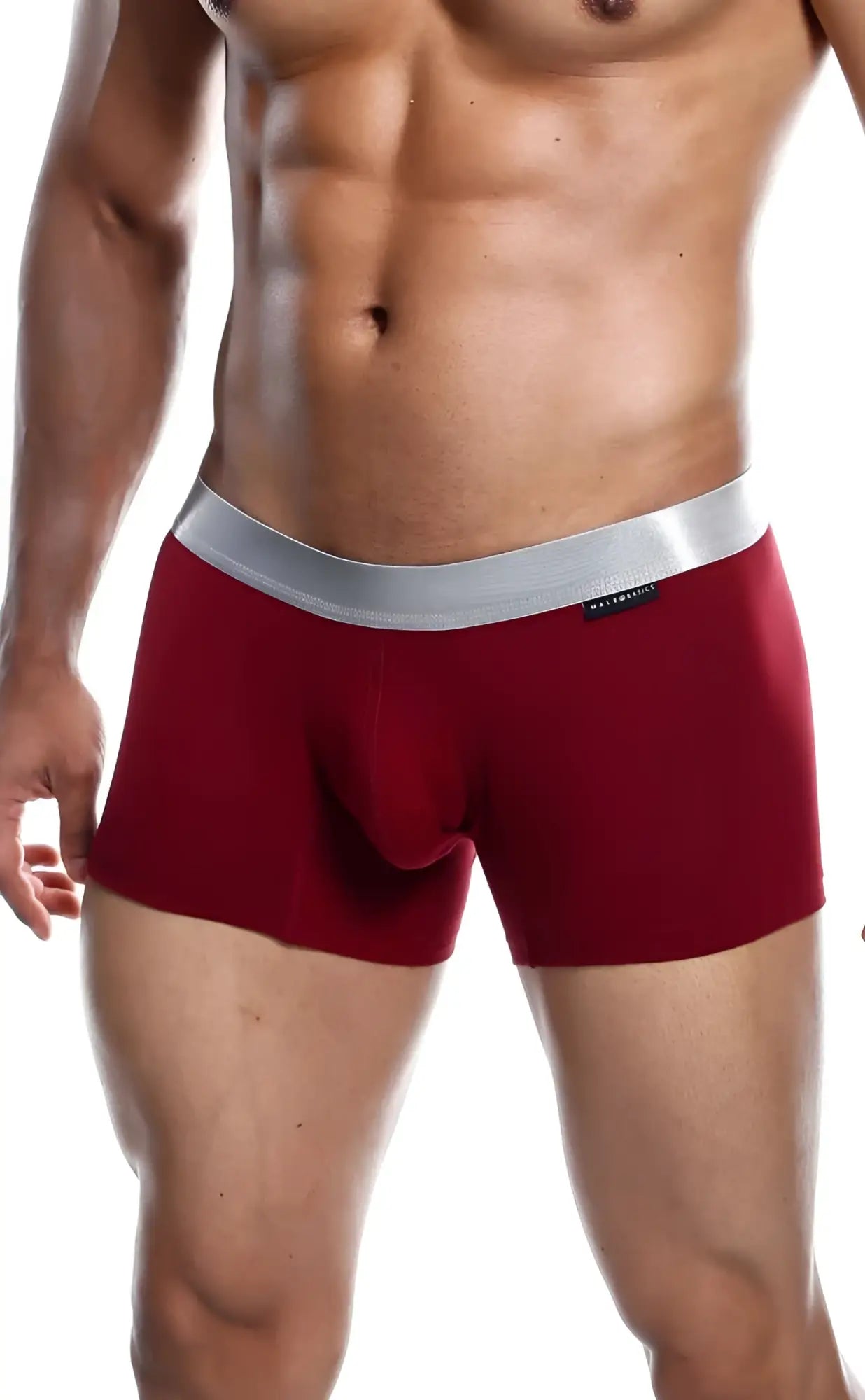 Red men’s boxer briefs with silver elastic waistband made from pima cotton by malebasics trunk pima