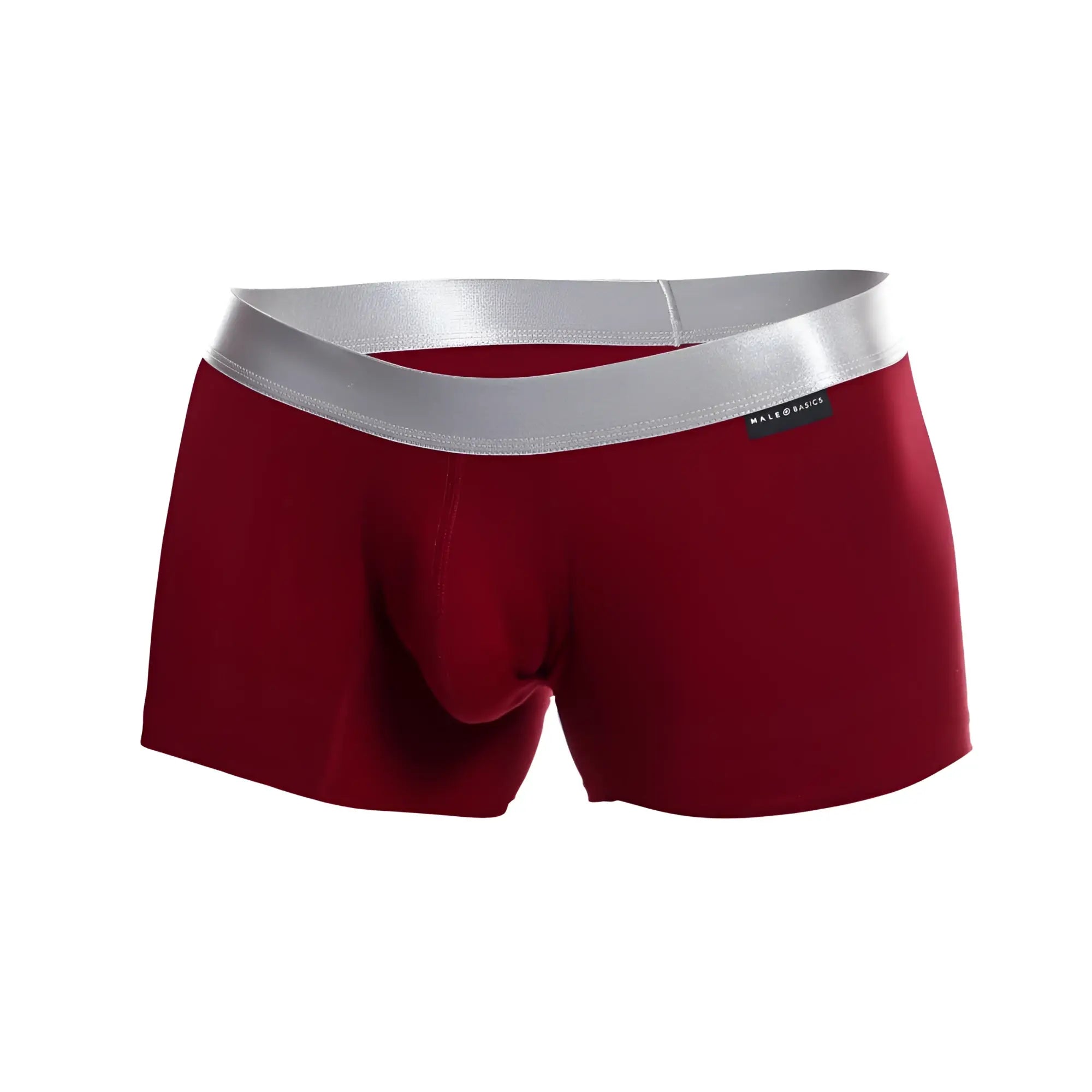 Red men’s boxer briefs with silver waistband made from pima cotton by male basics in a trunk style