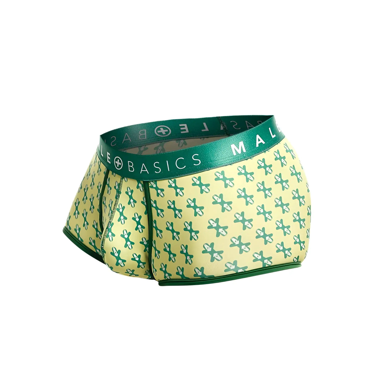 Green and pale yellow patterned Malebasics trunk sexy pouch men’s boxer briefs with branded elastic waistband