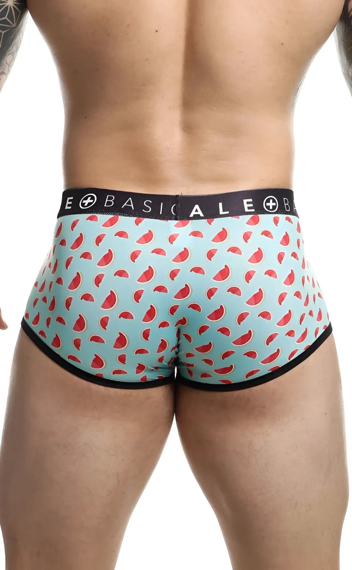Malebasics trunk sexy pouch light blue briefs with playful watermelon slice pattern red accents and black trim waistband