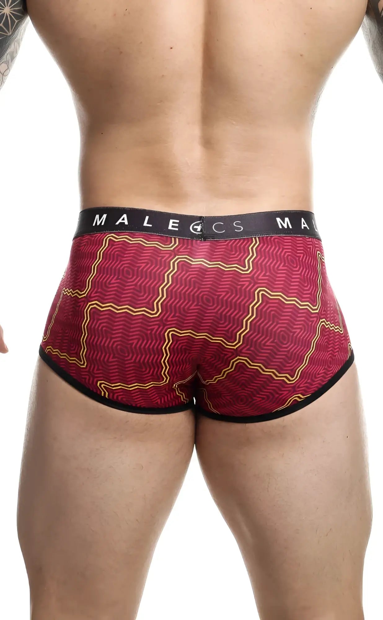Malebasics trunk sexy pouch red and gold patterned men’s briefs with black trim and malecs waistband