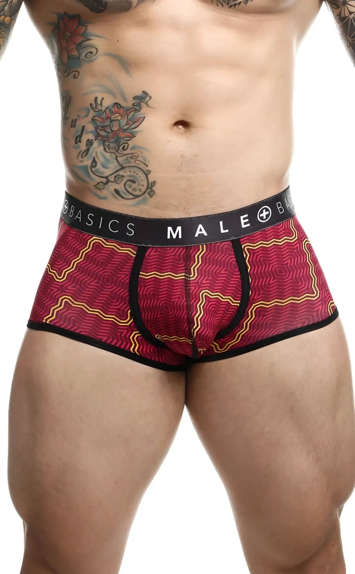 Malebasics trunk sexy pouch red and gold patterned men’s briefs with black trim and branded waistband front view