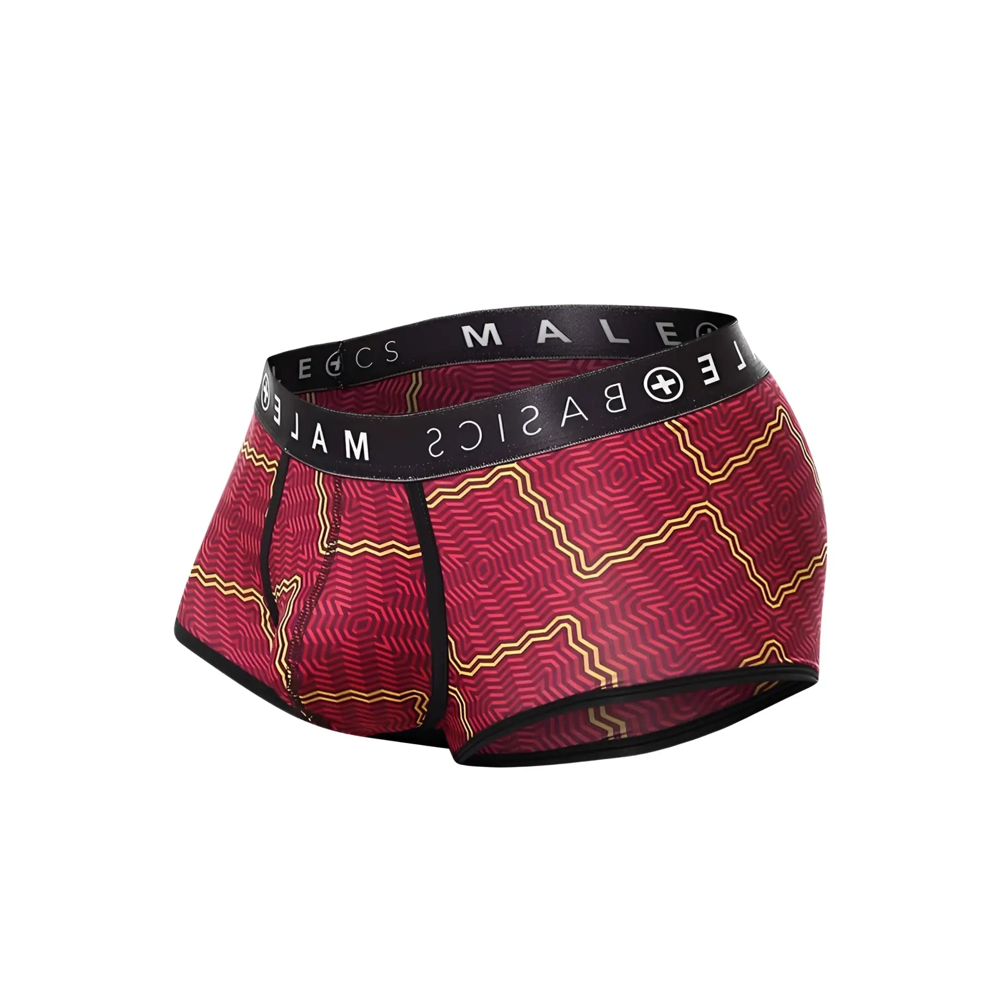 Malebasics trunk sexy pouch red and gold patterned men’s briefs with black waistband and logo pouch design