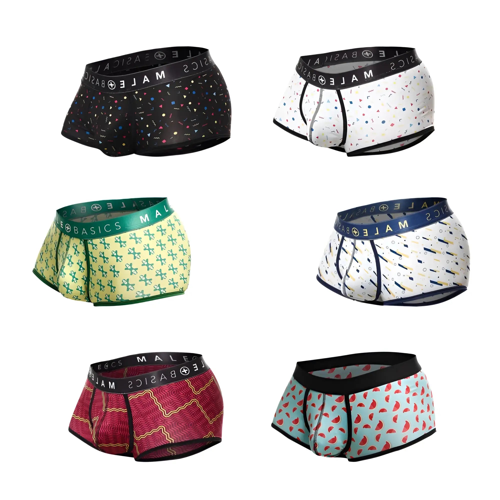 Six pairs of malebasics trunk sexy pouch men’s boxer briefs with colorful patterns and matching elastic waistbands