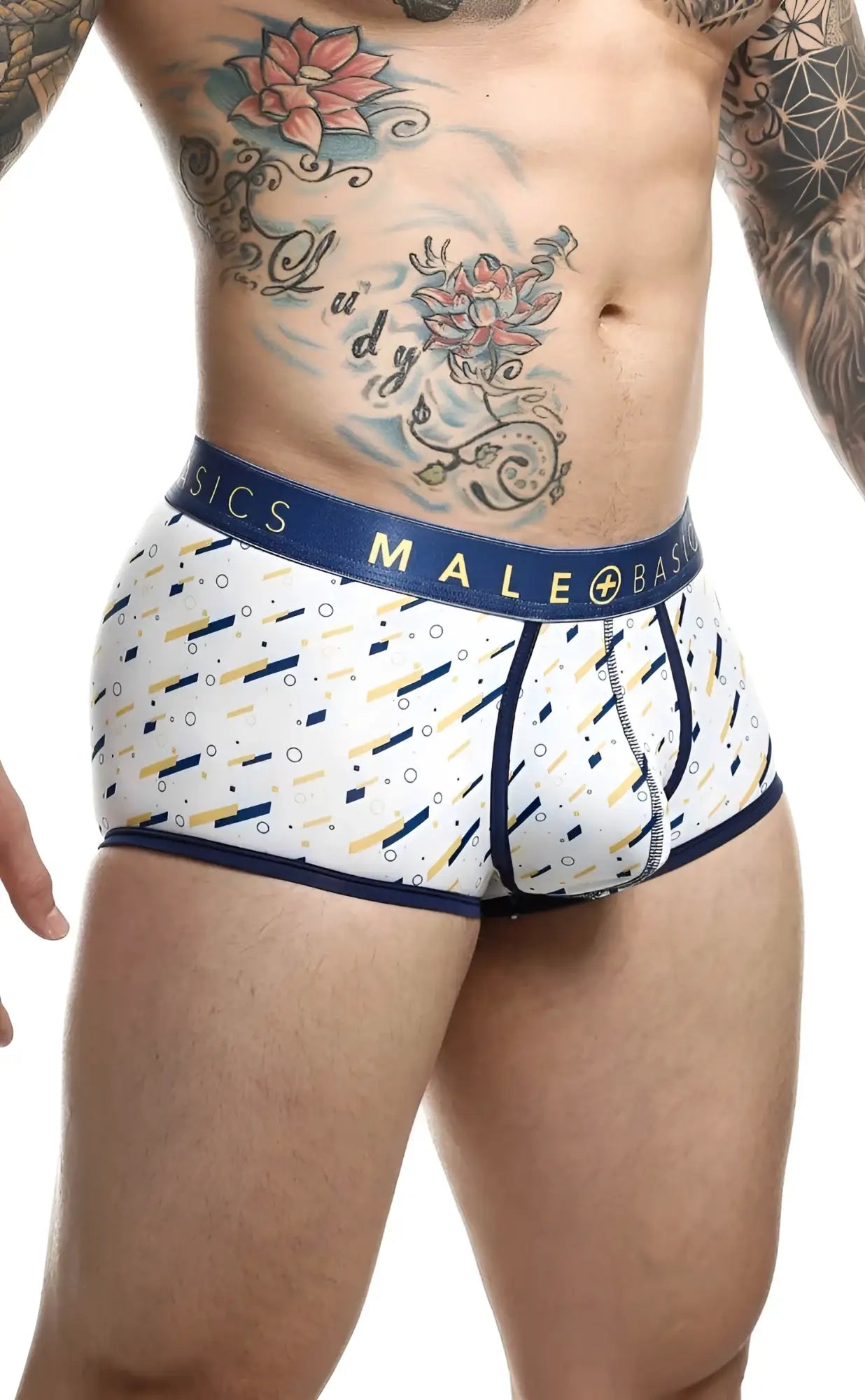 White men’s boxer briefs with navy blue male basics waistband and yellow black white geometric pattern malebasics trunk sexy pouch