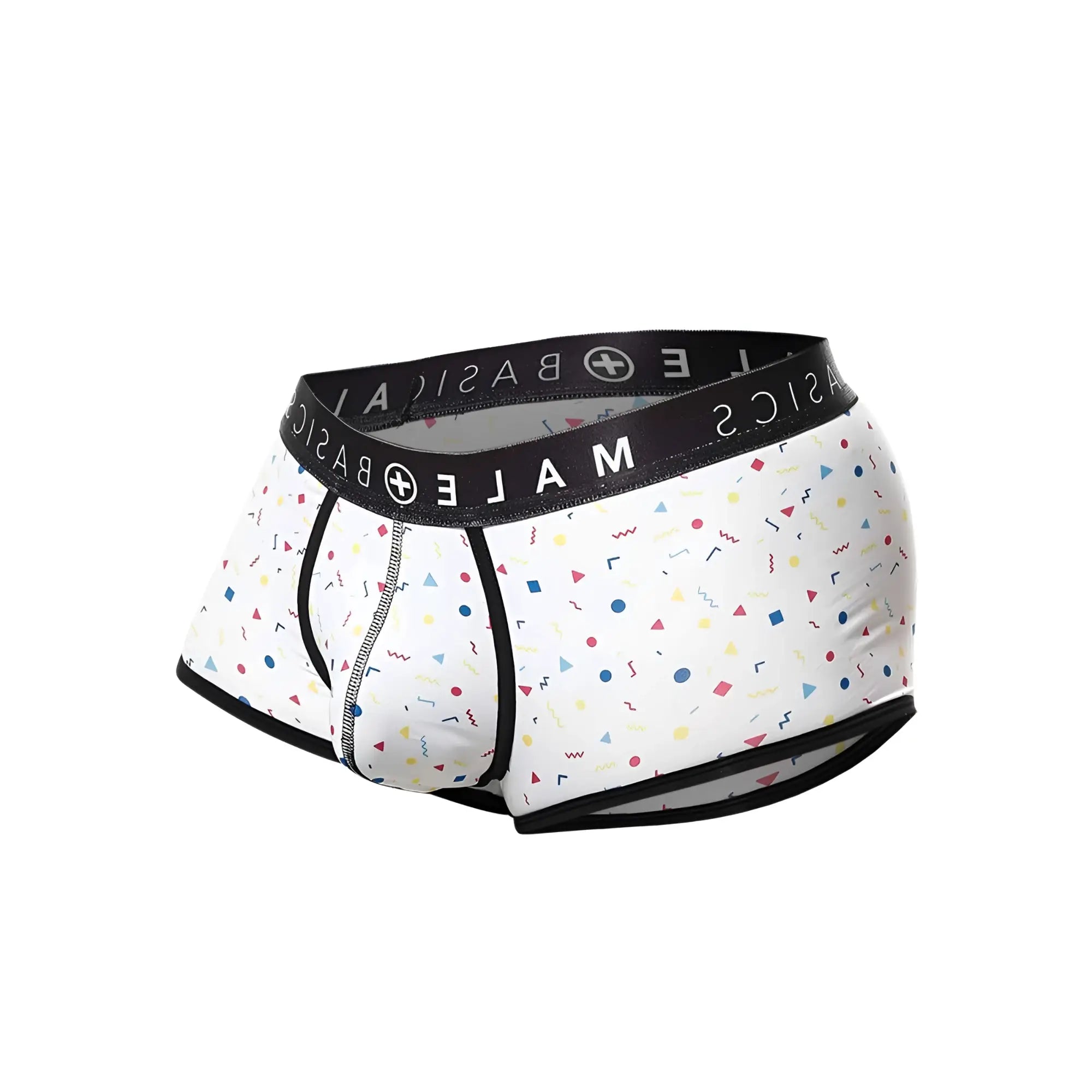 Malebasics trunk sexy pouch white boxer briefs with colorful geometric and confetti pattern and black trim waistband