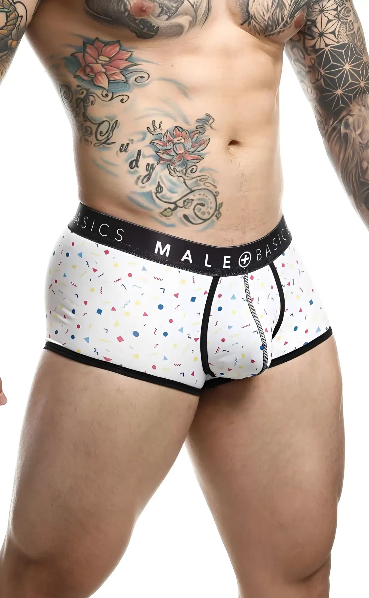 Malebasics trunk sexy pouch white briefs with playful pastel confetti pattern black trim and basics male waistband