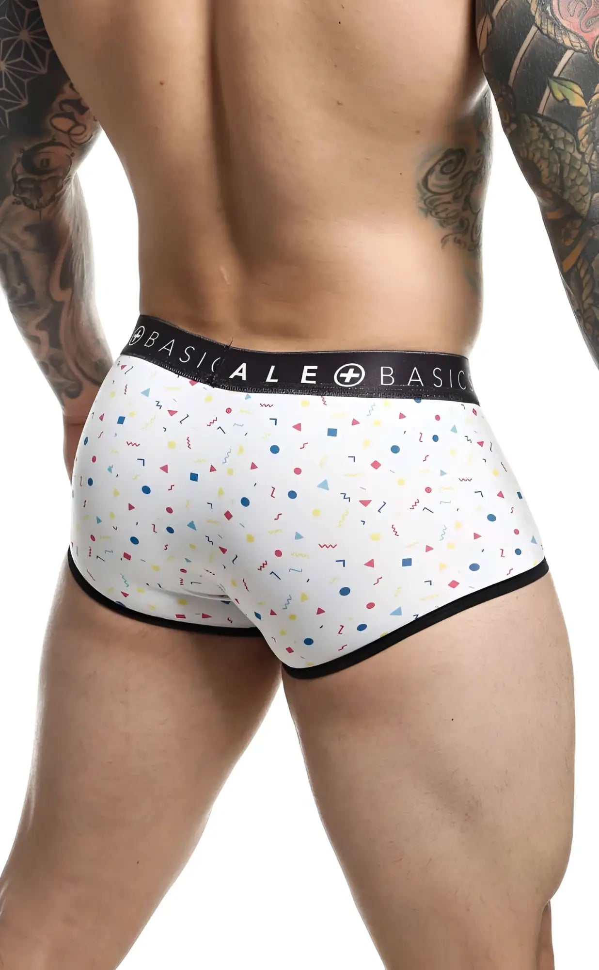 White men’s briefs with multicolored geometric shapes and black trim by basicale in malebasics trunk sexy pouch style