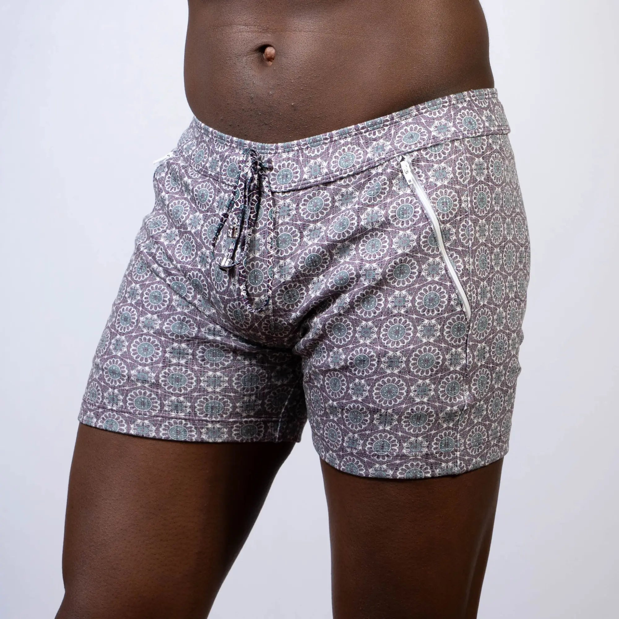 Mandala linen texture shorts in gray with a repeating circular pattern drawstring waistband and side zipper pocket