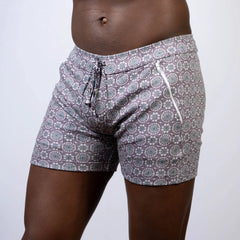 Mandala linen texture shorts in gray with a repeating circular pattern drawstring waistband and side zipper pocket