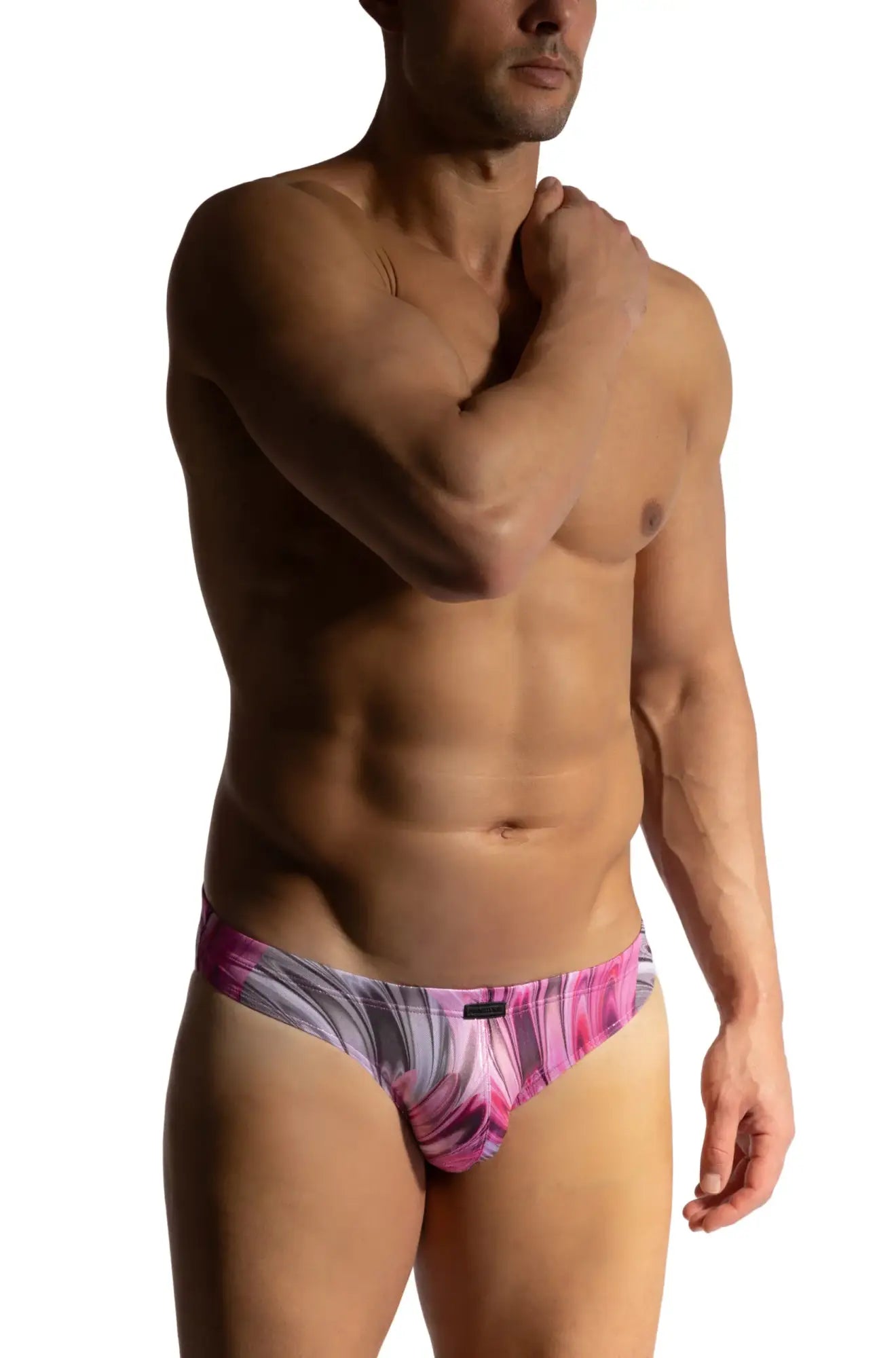 Manstore M2473 beach micro brief in pink and gray abstract pattern designed for men with a comfortable fit