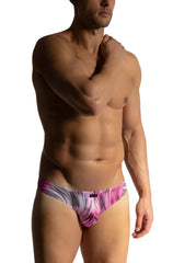 Manstore M2473 beach micro brief in pink and gray abstract pattern designed for men with a comfortable fit