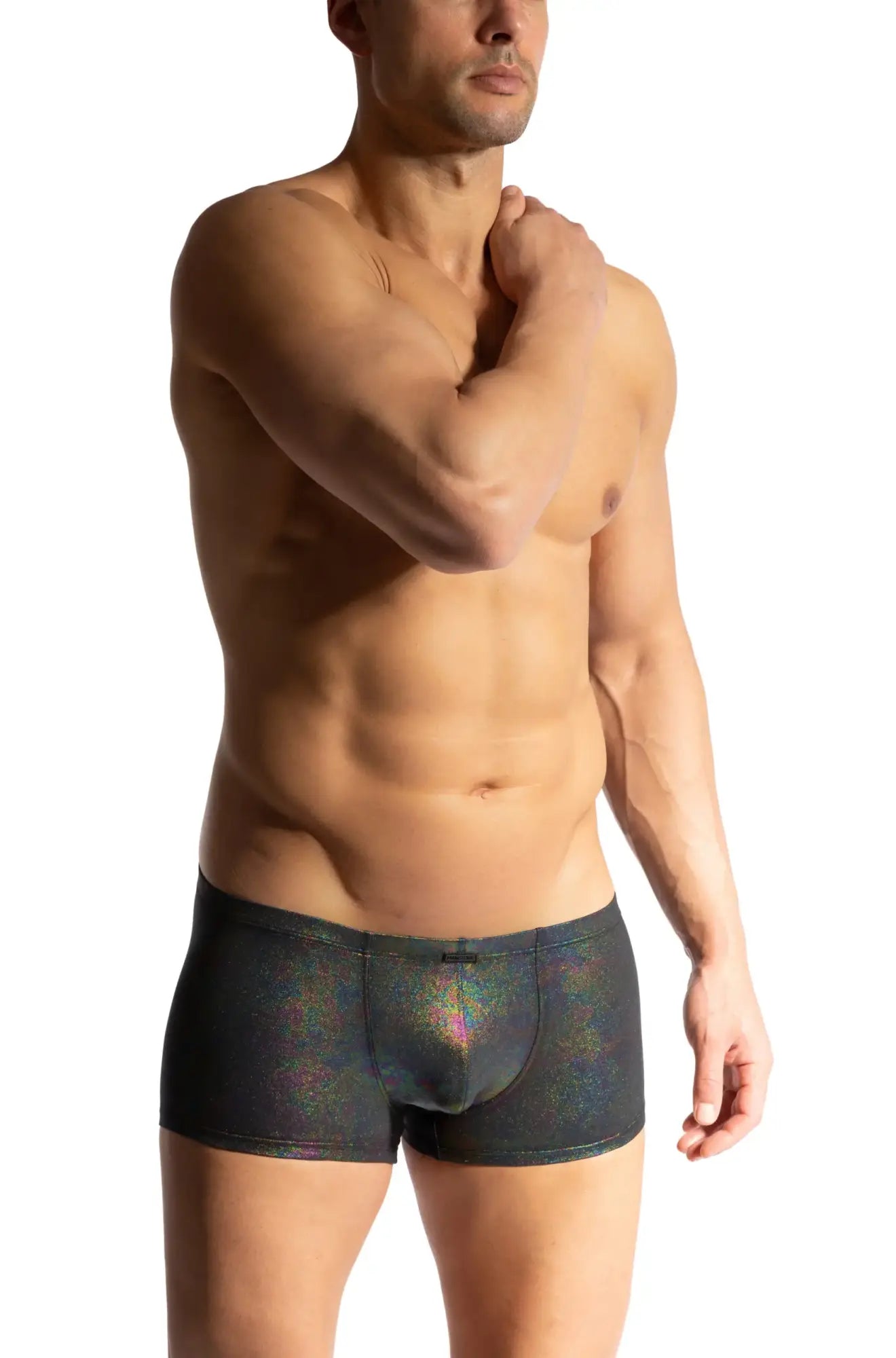 Black iridescent boxer briefs with shimmering holographic finish from manstore oilslick micro pants collection