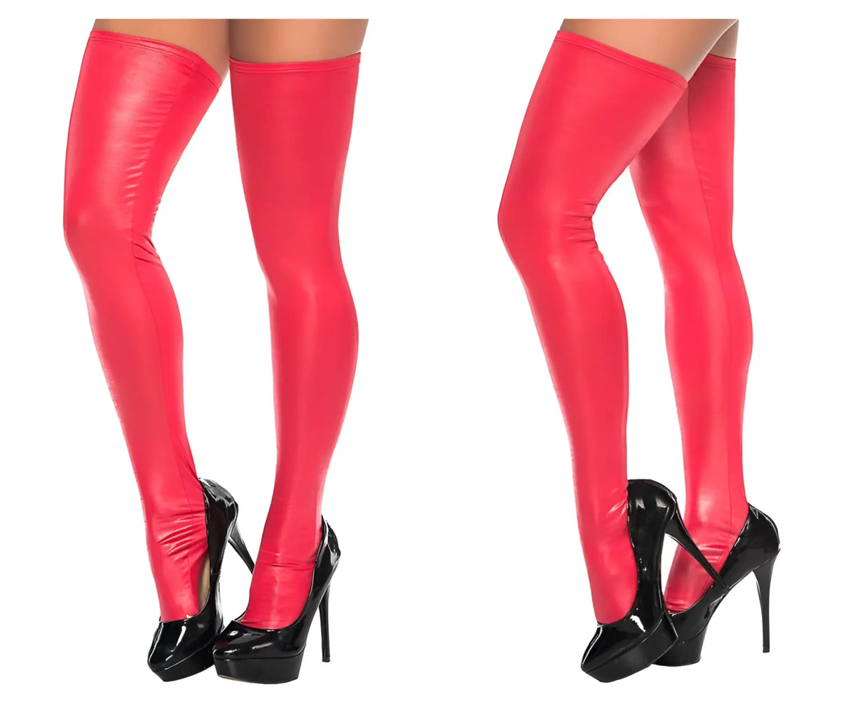 Bright red shiny latex thigh high stockings by mapale worn with black platform heels showing the front view