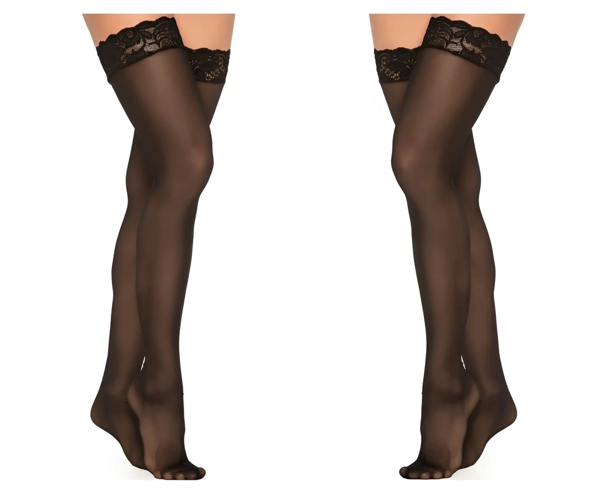 Black lace mesh thigh high stockings with sheer texture and floral embroidery along the top edge by mapale