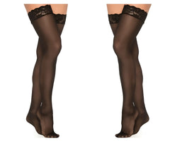 Black lace mesh thigh high stockings with sheer texture and floral embroidery along the top edge by mapale