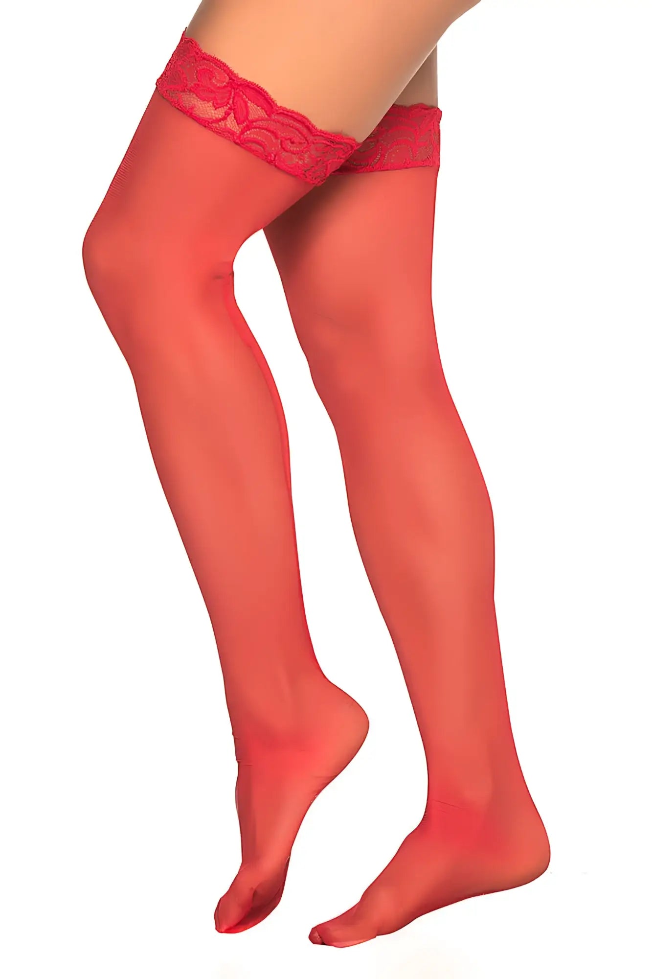 Red sheer mesh thigh highs with delicate lace trim at the top from Mapale 1094 in color red