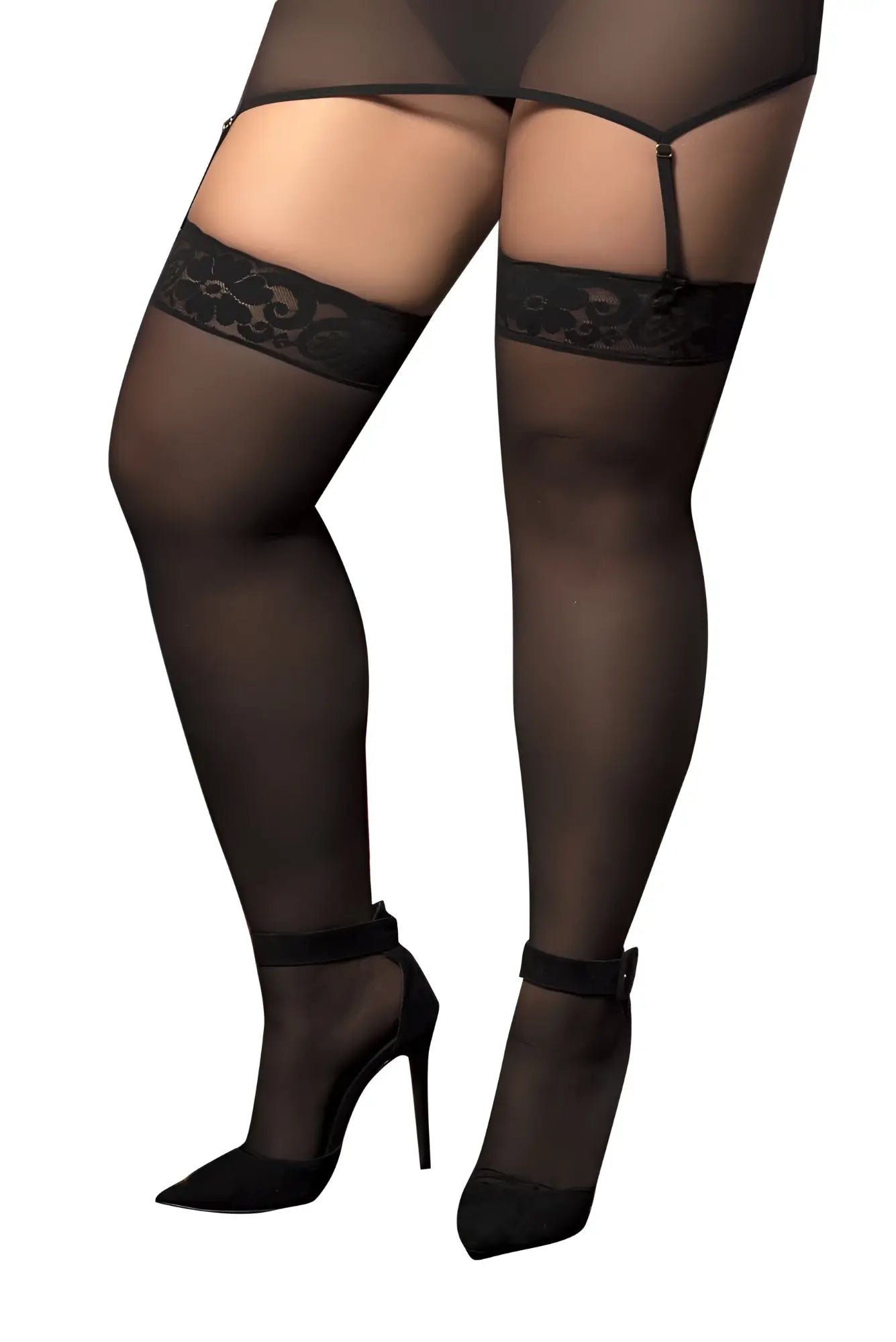 Black sheer mesh thigh high stockings with lace trim and adjustable garter straps by Mapale 1094X in black