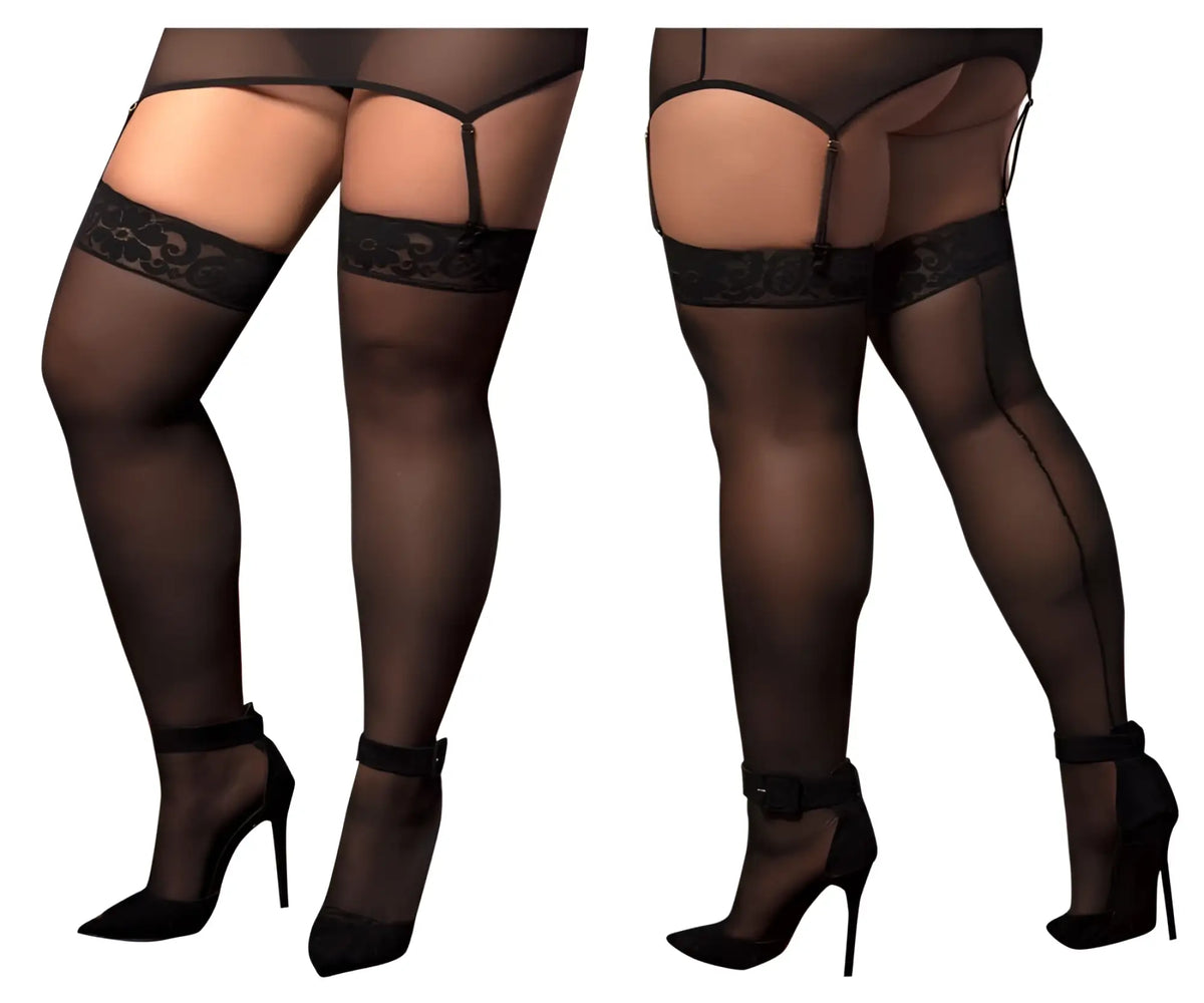 Black sheer mesh thigh high stockings with lace trim and adjustable garter straps by mapale 1094x