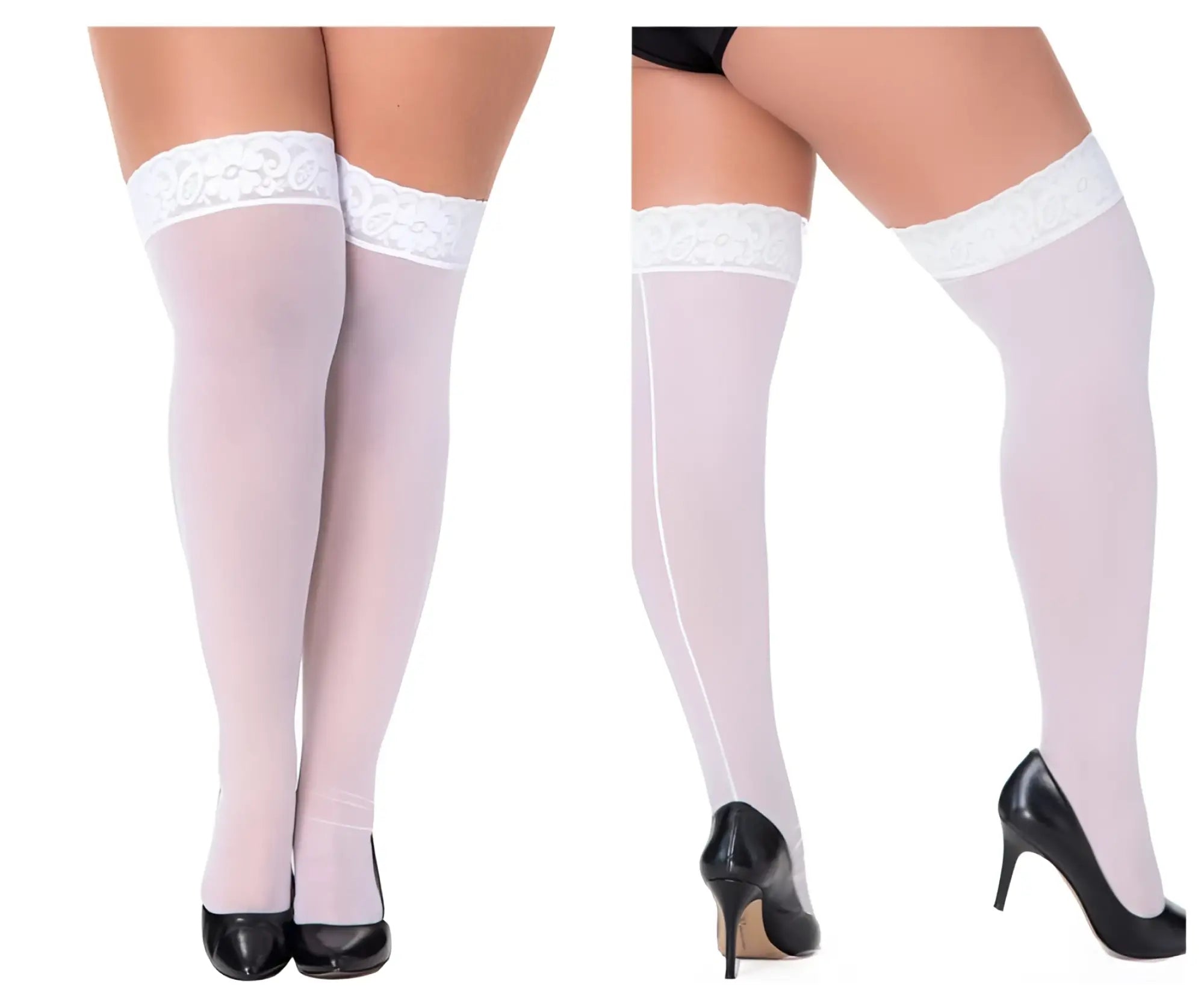 Mapale 1094X mesh thigh highs in white feature translucent white material with delicate lace trim at the top