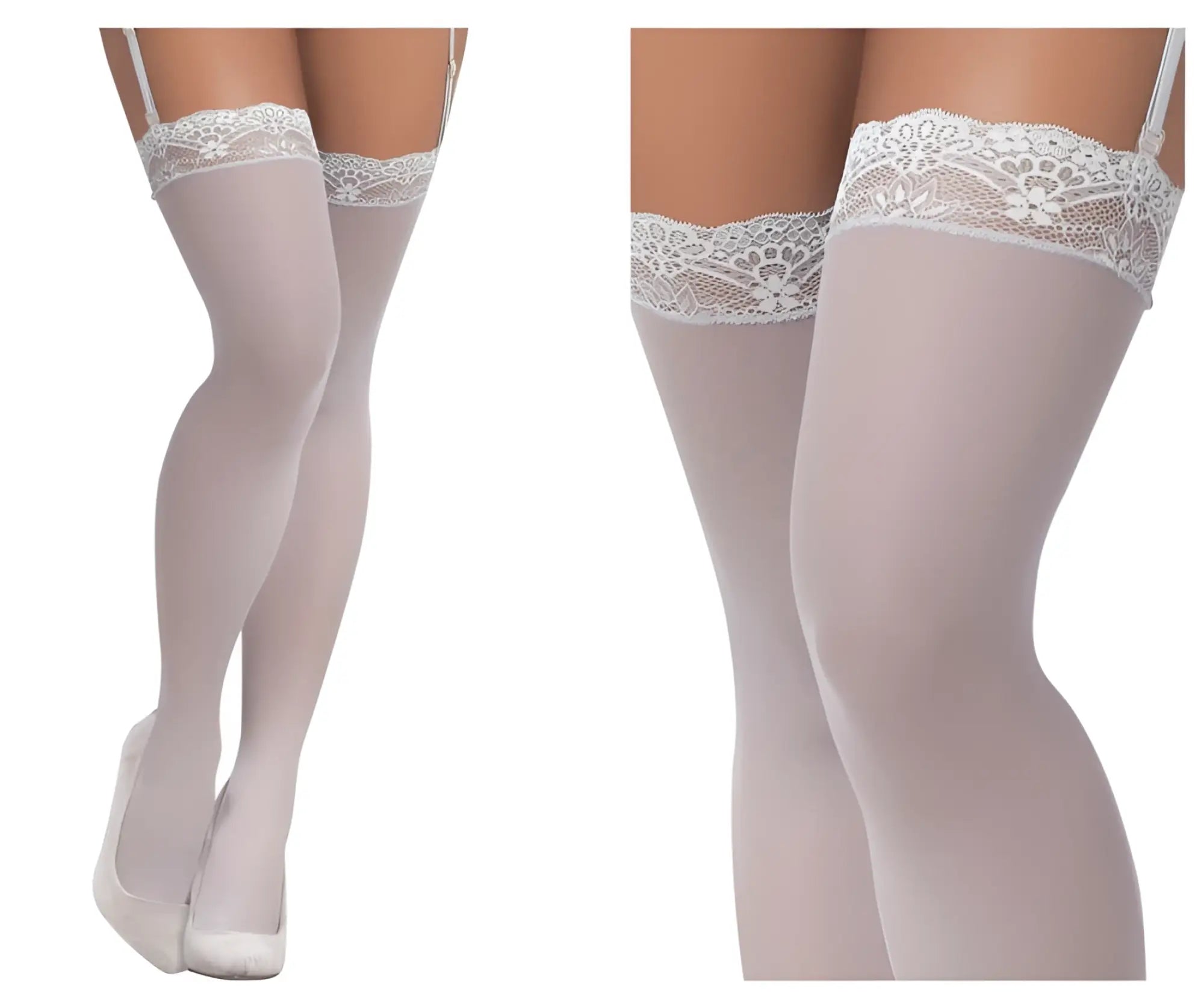 White lace-trimmed mesh thigh high stockings with delicate floral patterns and thin straps in shoreline gray by mapale