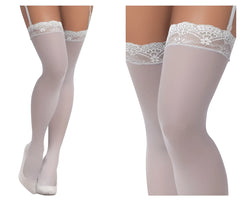 White lace-trimmed mesh thigh high stockings with delicate floral patterns and thin straps in shoreline gray by mapale
