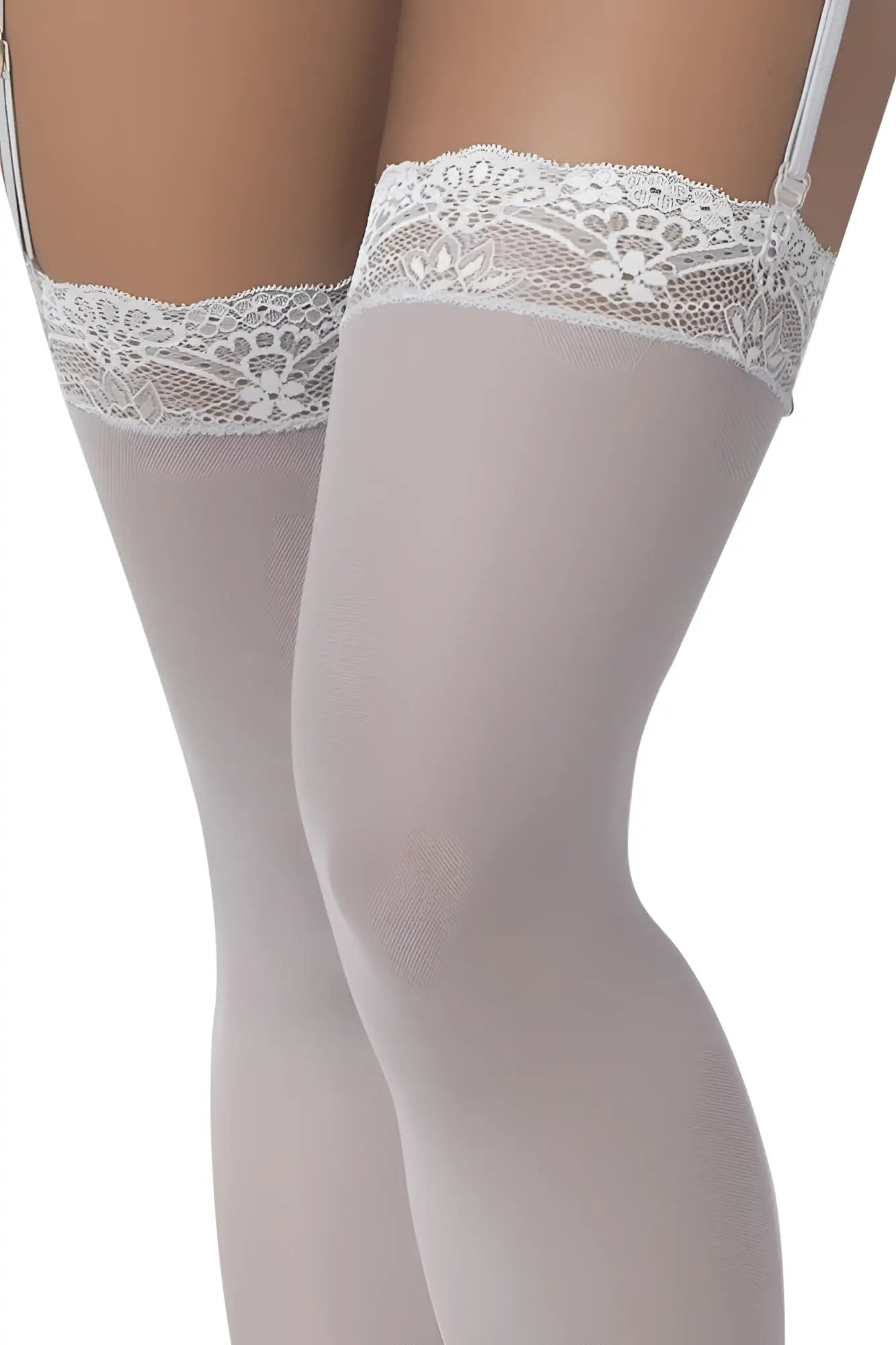 White lace-trimmed mapale 1097 mesh thigh high stockings in shoreline gray with floral patterns and thin straps