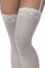 White lace-trimmed mapale 1097 mesh thigh high stockings in shoreline gray with floral patterns and thin straps