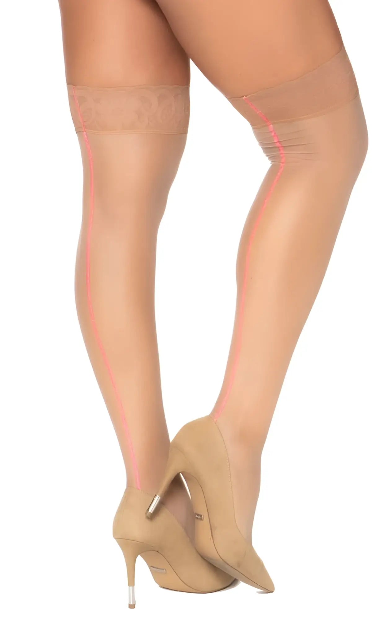 Beige sheer mapale 1099 mesh thigh highs with delicate lace band and subtle pink side stitching in nude color