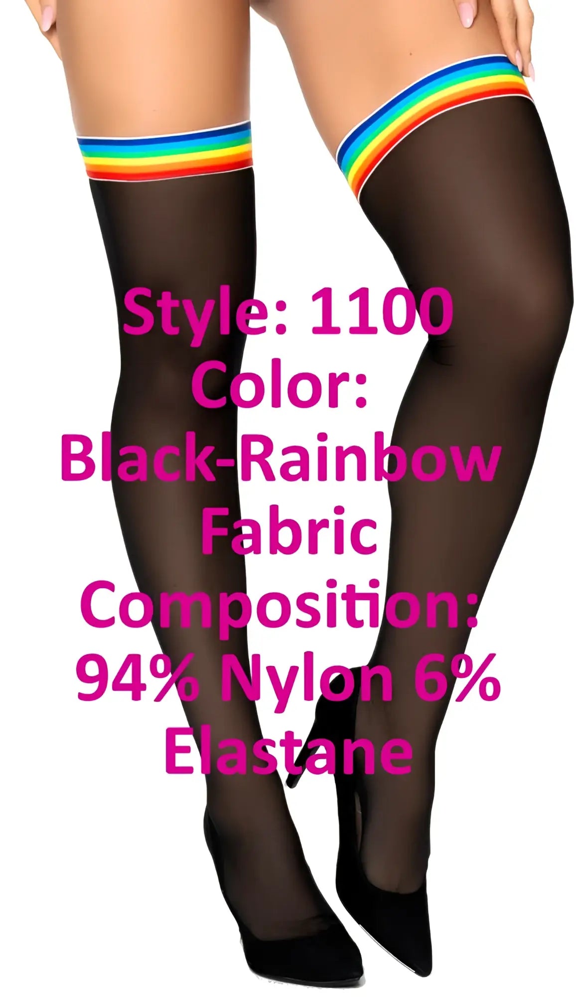 Black mesh thigh high stockings with a vibrant rainbow band at the top by Mapale 1100