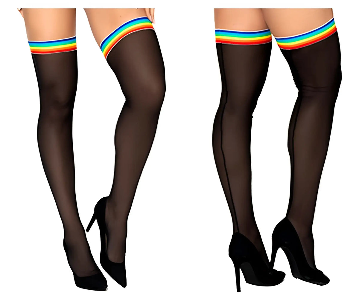 Mapale 1100 mesh black sheer thigh highs with rainbow-striped elastic band at the top
