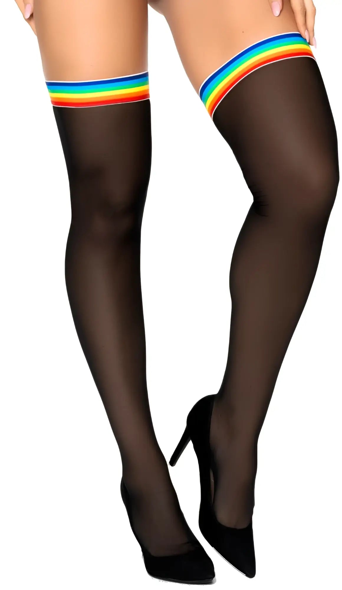 Black sheer mesh thigh high stockings with vibrant rainbow-striped elastic band by mapale 1100 color black-rainbow