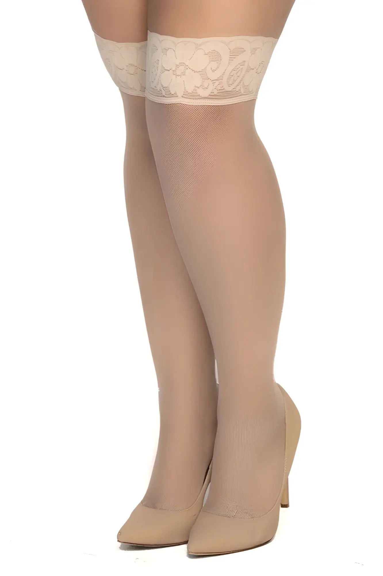 Beige mapale 1101 mesh thigh highs with lace cuffs and sheer nude mesh texture for elegant legwear