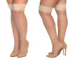 Beige lace-cuffed mapale 1101 mesh thigh high stockings in nude color with sheer smooth texture
