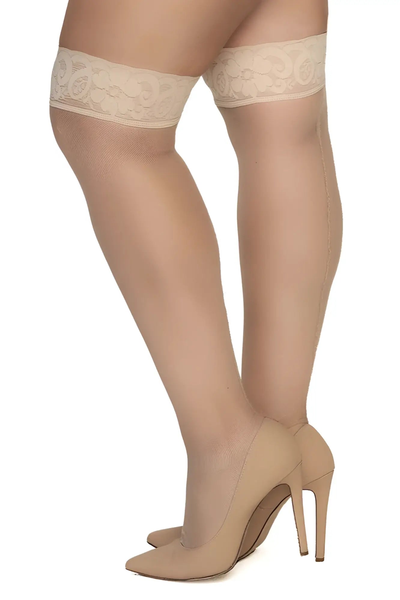 Mapale 1101 mesh thigh highs in nude color with beige lace edging and sheer smooth texture
