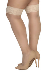Mapale 1101 mesh thigh highs in nude color with beige lace edging and sheer smooth texture