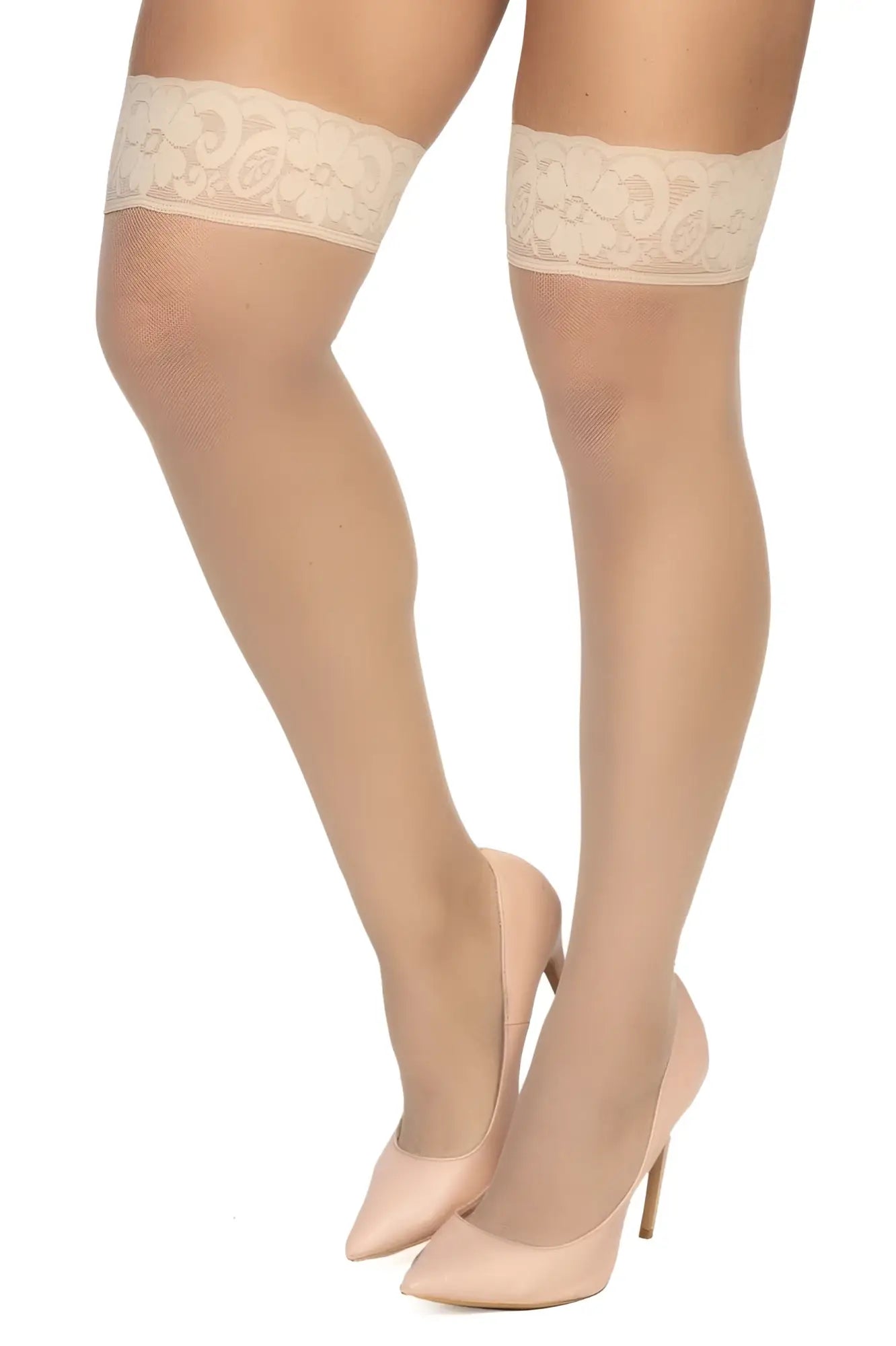 Beige lace-edged mapale 1101 mesh thigh highs with sheer nude mesh texture
