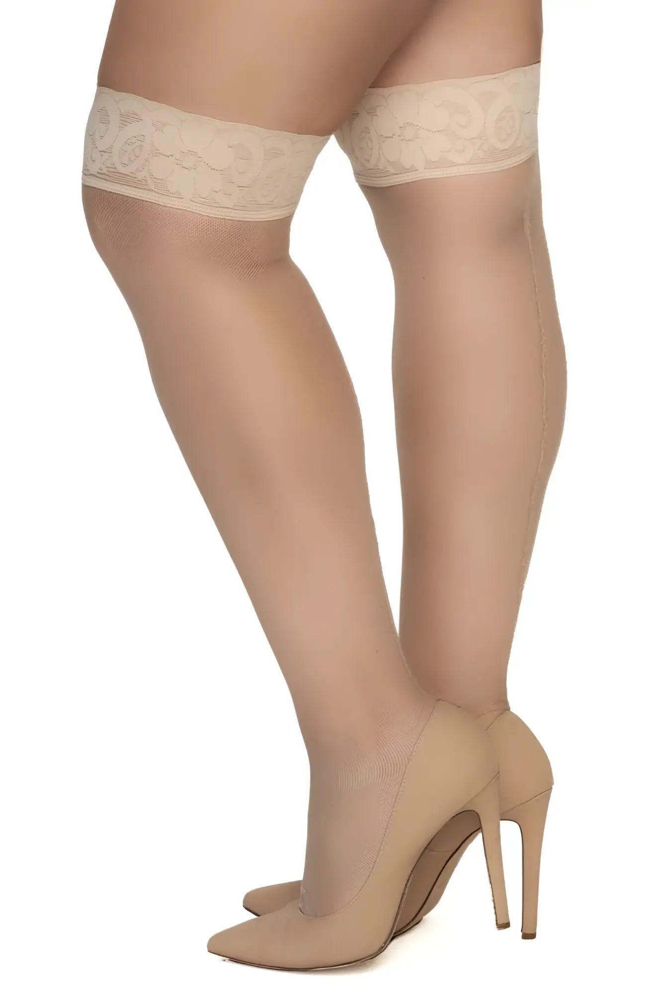Beige lace-edged nude mesh thigh high stockings from mapale paired with matching high-heeled pumps