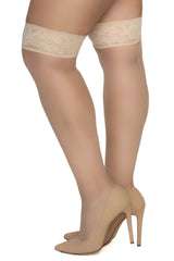 Beige lace-edged nude mesh thigh high stockings from mapale paired with matching high-heeled pumps