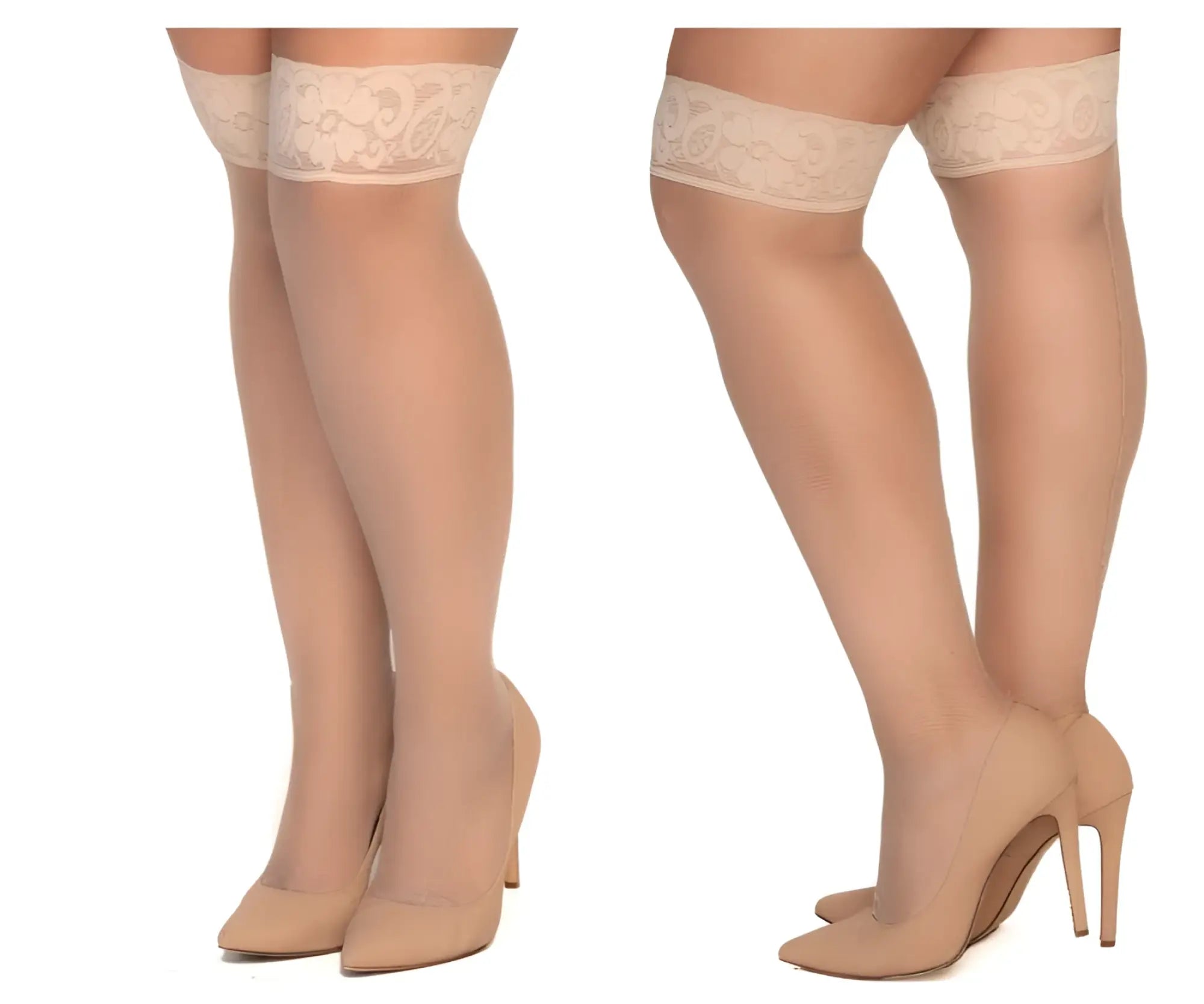 Beige lace-edged nude mesh thigh highs with sheer smooth texture from Mapale 1101X collection