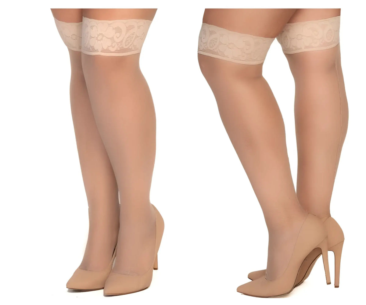 Beige lace-edged nude mesh thigh highs with sheer smooth texture from Mapale 1101X collection