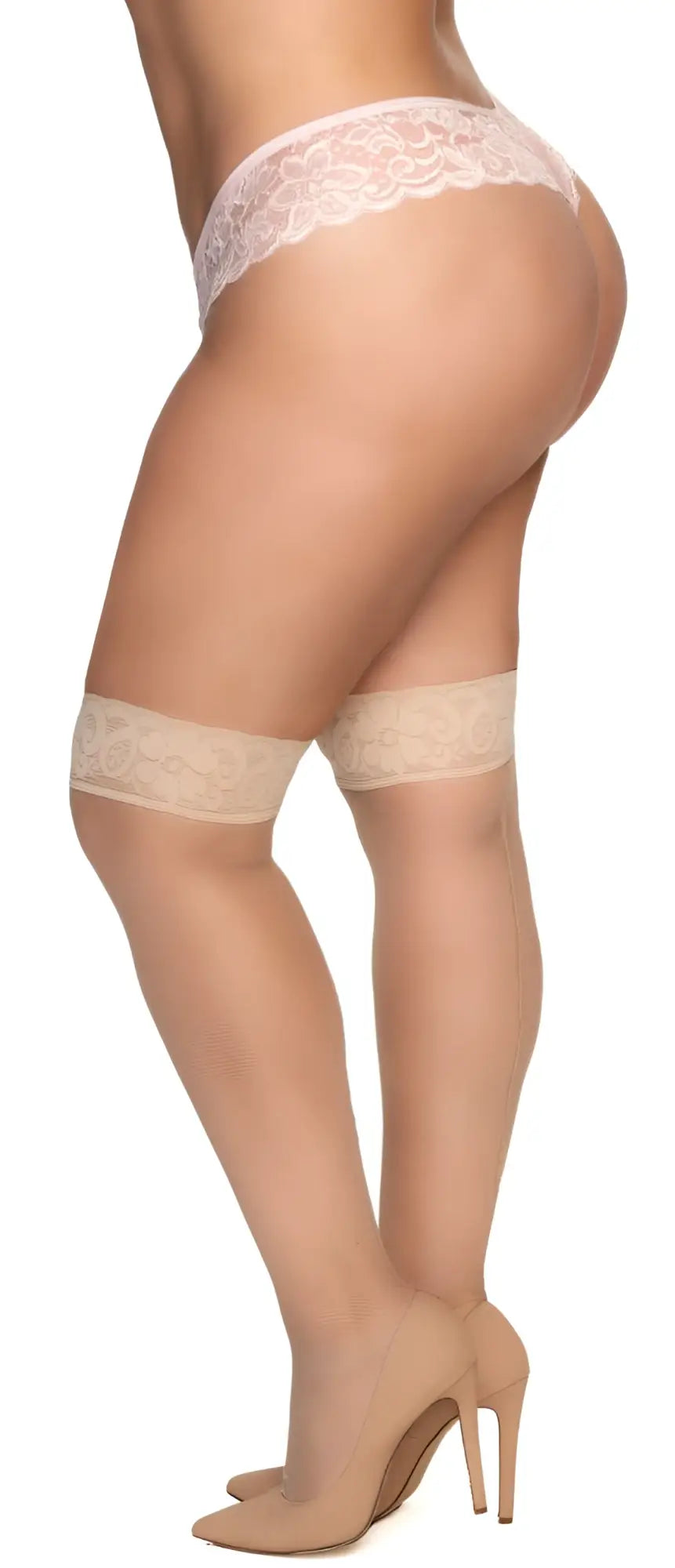 Beige lace thigh high stockings with delicate floral embroidery and sheer smooth texture by Mapale 1101X mesh nude