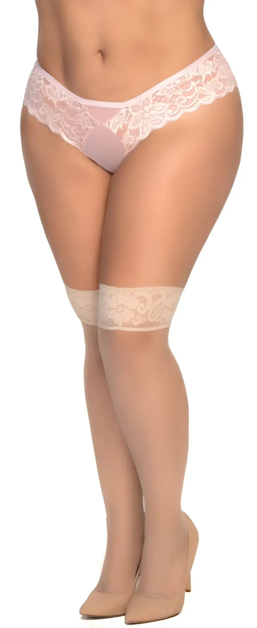 Pink lace thong with matching nude mesh thigh highs and decorative lace cuffs from mapale 1101x collection