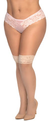 Pink lace thong with matching nude mesh thigh highs and decorative lace cuffs from mapale 1101x collection