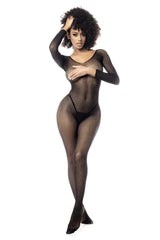 Mapale 1102 black long sleeved fishnet bodystocking with fitted, form hugging design and sheer material