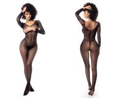 Black fishnet bodysuit with long sleeves and backless design by Mapale in a sheer fishnet fabric