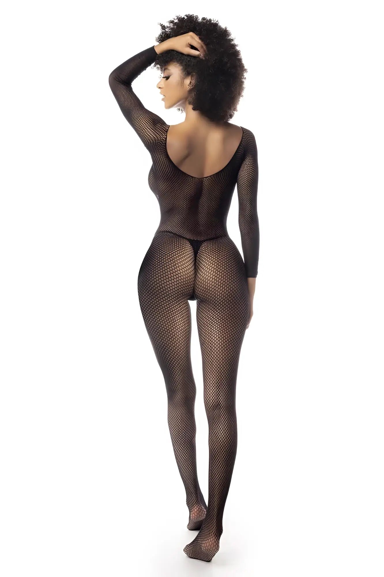 Black fishnet bodysuit with long sleeves and backless design from mapale 1102 collection shown from the back side